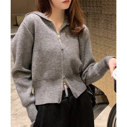 ダブルジップニットパーカー レディース トップス 長袖 秋服 冬服 フード 無地 ショート丈 10代 代 30代 韓国ファッション 韓国 ストリート パーカー トップス Amulet アミュレット レディースファッション通販リュリュモール