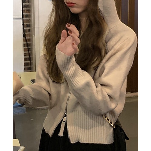 ダブルジップニットパーカー レディース トップス 長袖 秋服 冬服 フード 無地 ショート丈 10代 代 30代 韓国ファッション 韓国 ストリート パーカー トップス Amulet アミュレット レディースファッション通販リュリュモール