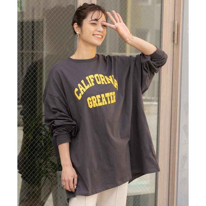 CALIFORNIA カレッジロゴ プリントロングTシャツ ロンT カレッジ オーバーサイズ ロゴ ゆったり ビッグシルエット コットン トップス  チュニック プリント カットソー 柄 秋 冬 - Tシャツ・カットソー/トップス - ad thie(アドティエ) - レディースファッション通販  ...